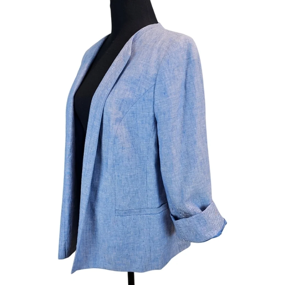 Talbots 100% Linen Open Front Blazer Jacket Light Blue Sz 10 Cape Cod Hamptons